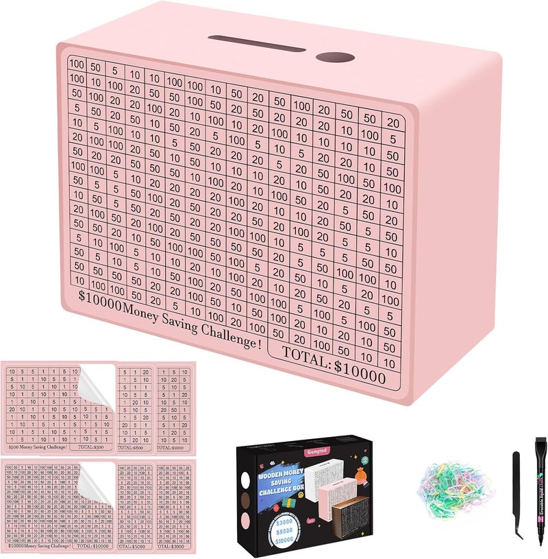 Gomyrod Wooden Money Saving Box, Cash Vault Savings Box for $10000 $5000 $3000 $1000 $800 $500 Target Money Saving Challenge, Reusable Money Box with Counter, Dry Erase Pen/Savings Trackers/Rubber Band-Pink - Image 1